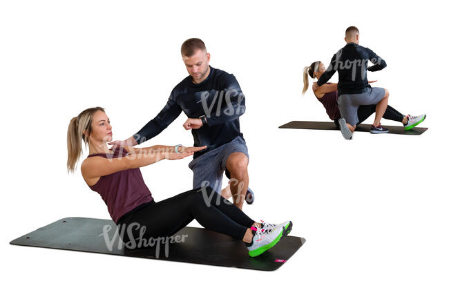 cut out woman exercising in a gym with her personal trainer