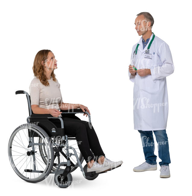 cut out doctor talking to a woman in a wheelchair