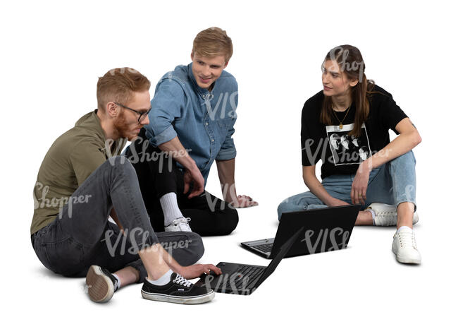 cut out group of young people sitting on the ground with laptops