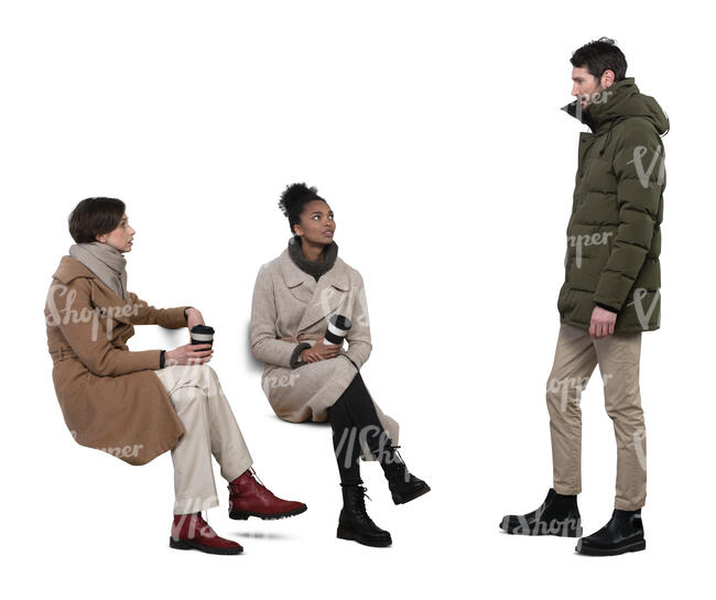 cut out man standing and talking to two women sitting on a bench