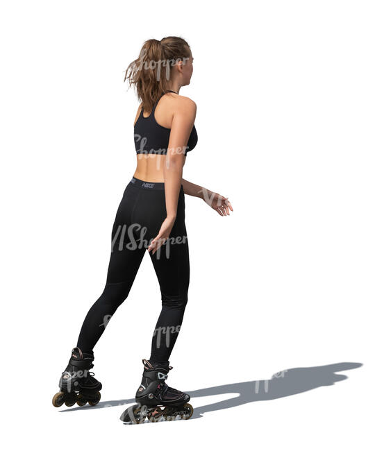 cut out young woman roller skating on the street