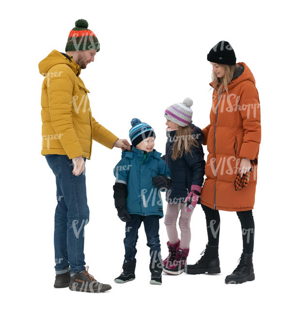 cut out family in winter standing and talking