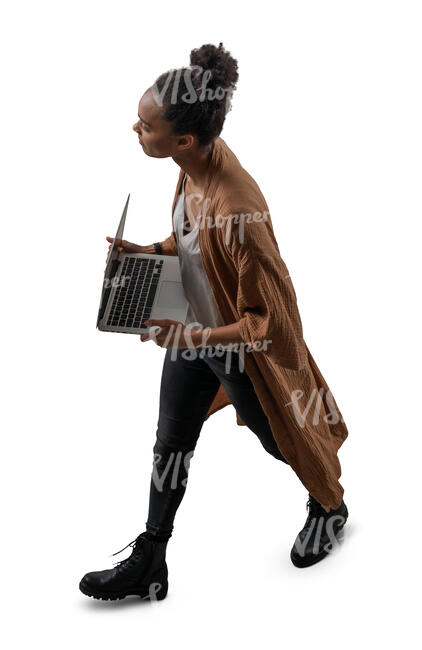 cut out woman with a laptop walking seen from above
