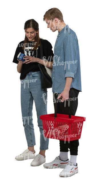 two cut out young people shopping at a grocery store