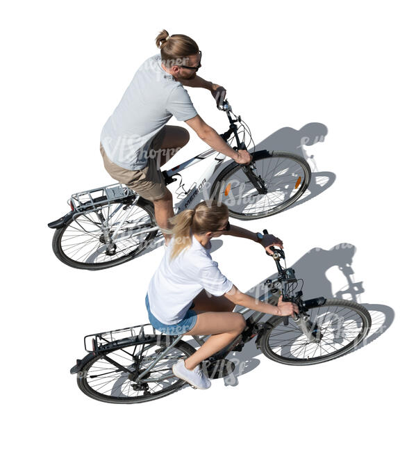two cut out people cycling seen from above