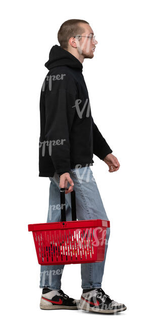 cut out young man with a shopping basket walking