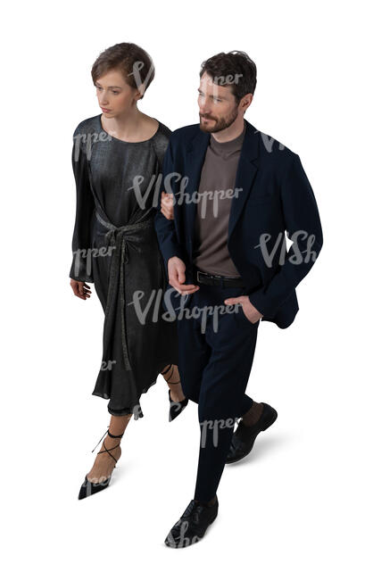 cut out couple at a formal party walking seen from above
