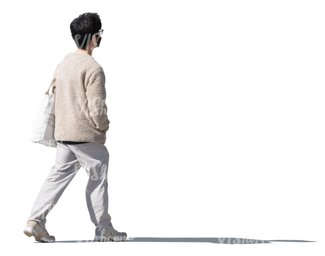 cut out asian man in white clothing with a face mask walking