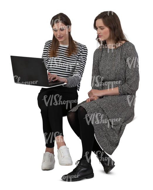 two cut out women sitting with a laptop and discussing things