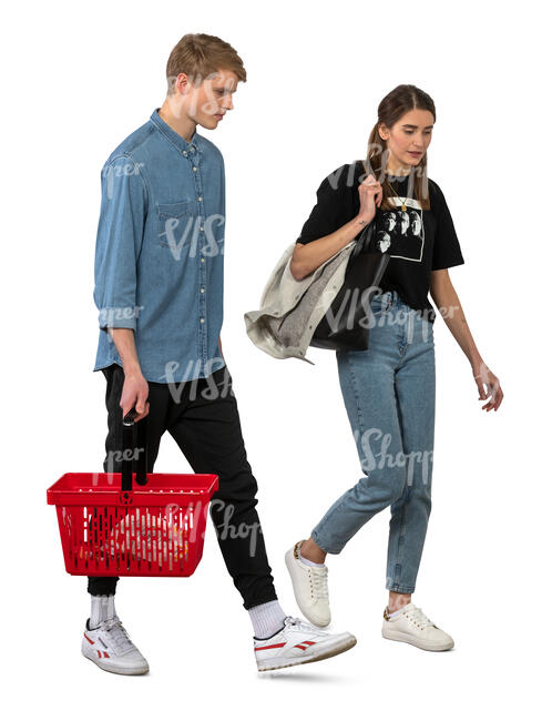 two cut out people with a shopping basket walking at a store