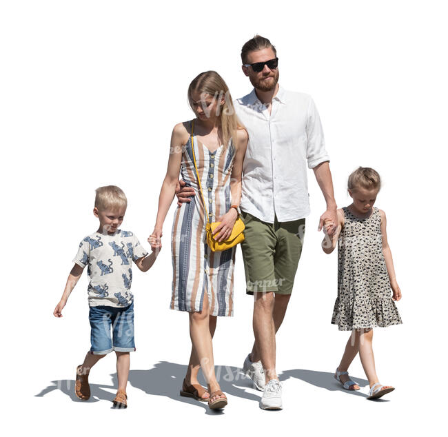 cut out family with kids walking together on a sunny summer day
