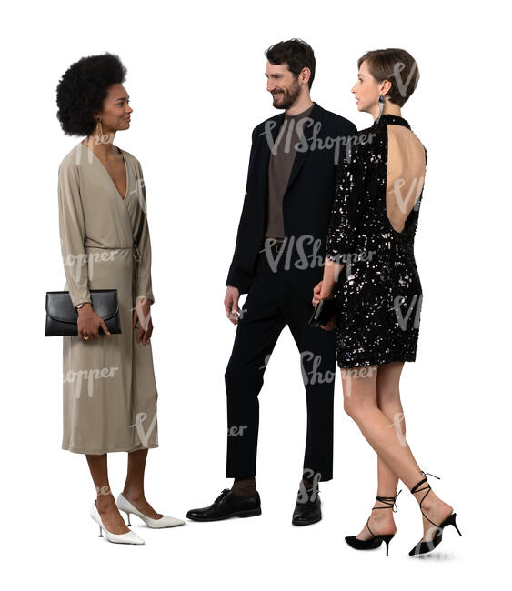 cut out group of three people standing at a party and talking