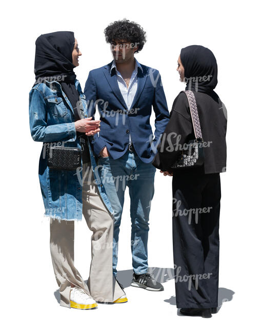 two cut out muslim women and a man standing and talking