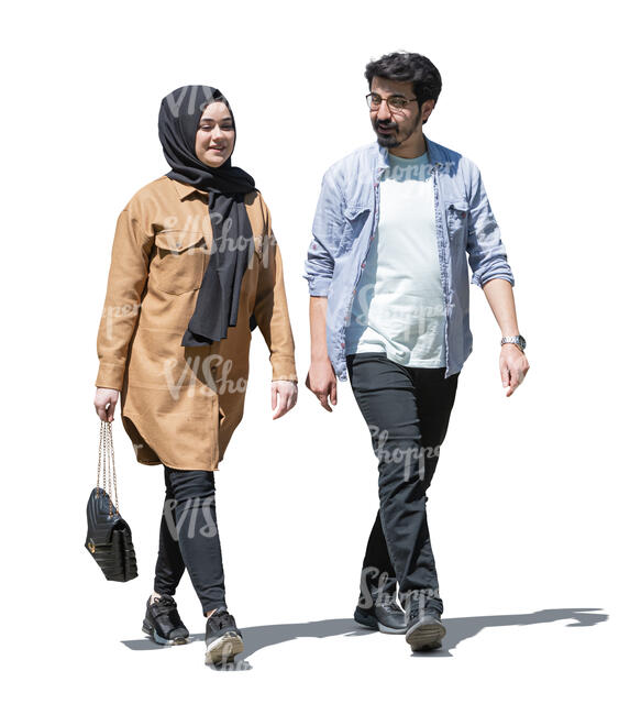 cut out middle eastern woman and man walking and talking