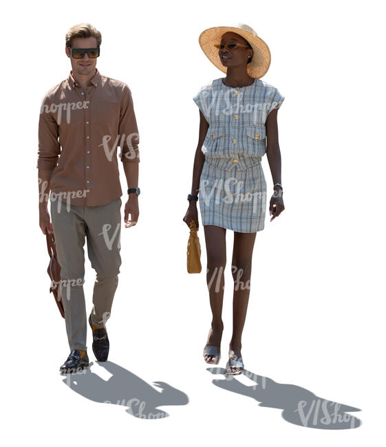 two cut out people walking on a summer day