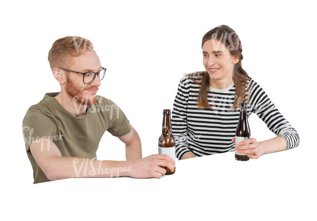 cut out man and woman sitting at a bar and drinking beer
