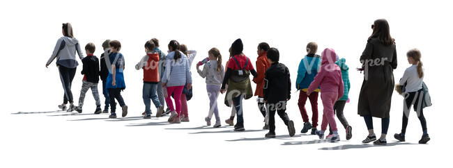 cut out group of backlit schoolkids with their teachers walking