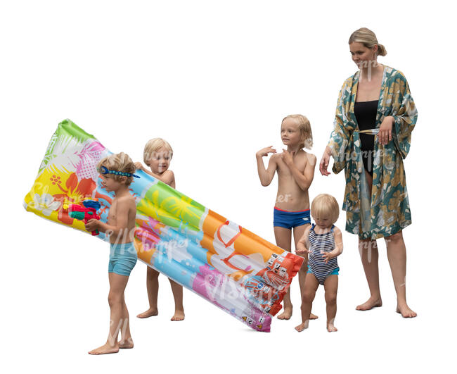 cut out mother with four little kids going to the beach