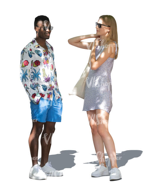 two cut out people standing in tree shade in summer