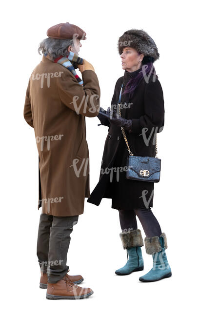 cut out elderly man and woman standing and talking in winter
