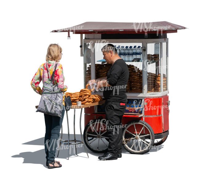 cut out woman buying bread in the street