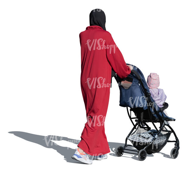 cut out muslim woman with a baby carriage walking