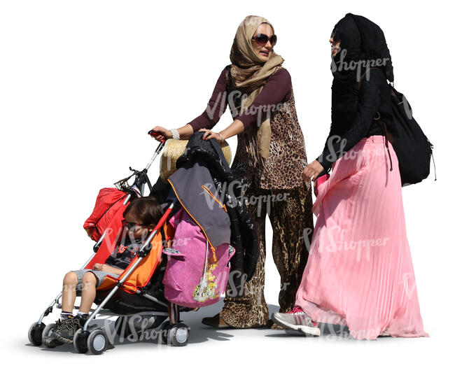 two muslim women walking with a baby carriage