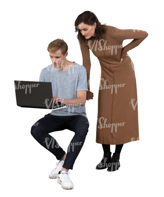 cut out man working with a laptop and a woman standing next to him