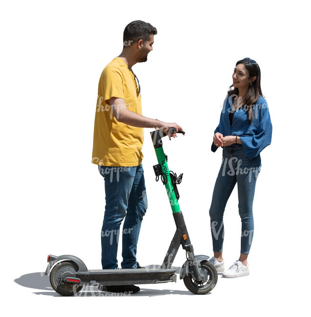 cut out man with a scooter standing and talking to a woman