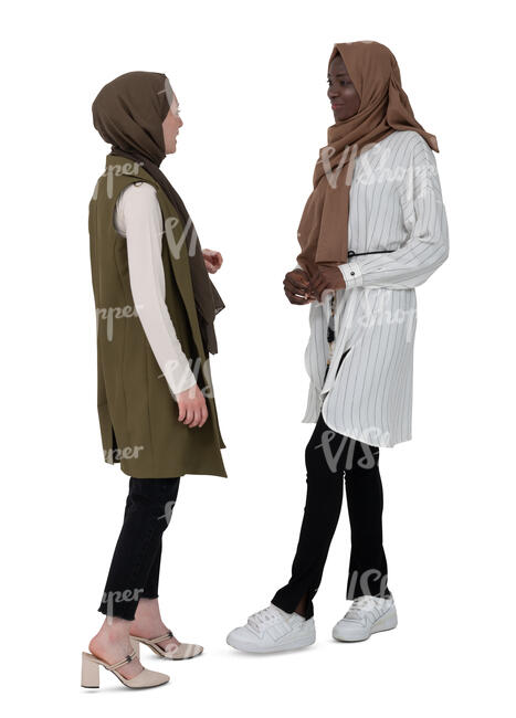 two cut out muslim women standing and talking