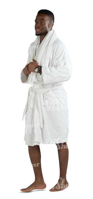 cut out black man in a bathrobe walking barefoot