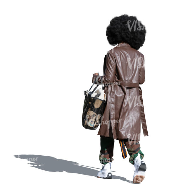 cut out woman in a brown leather coat walking