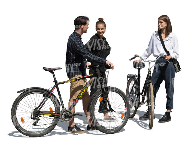 cut out group of young people with bikes standing and talking