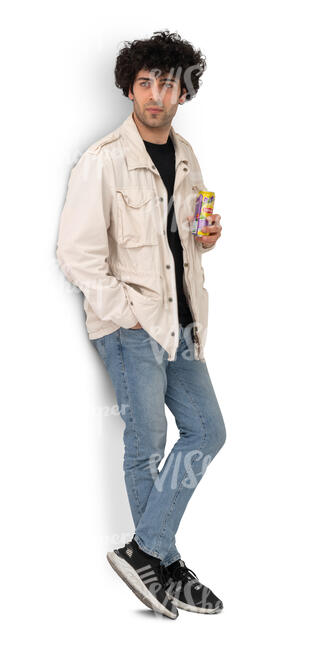 cut out man leaning against the wall and drinking a soft drink