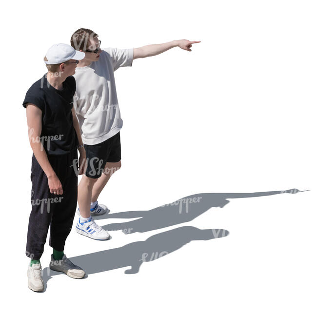 two cut out young men standing and pointing at smth seen from above