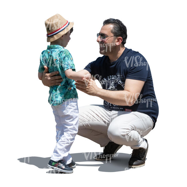 cut out father squatting and talking to his son