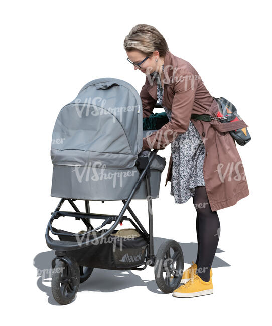 cut out woman attending to a baby in the baby carriage