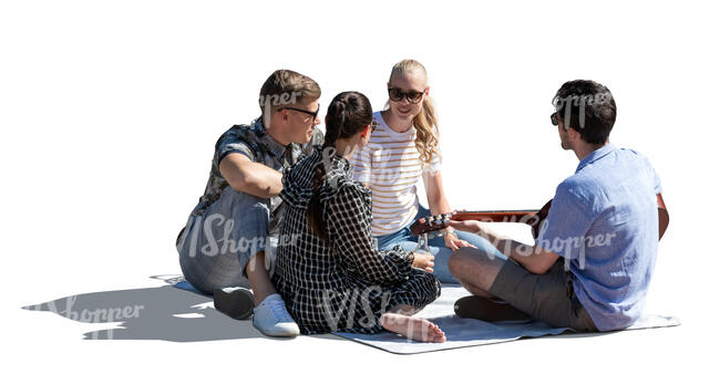 cut out backlit group of friends sitting in park and playing music