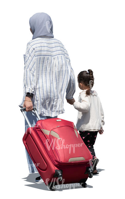 mother and daughter with suitcase walking