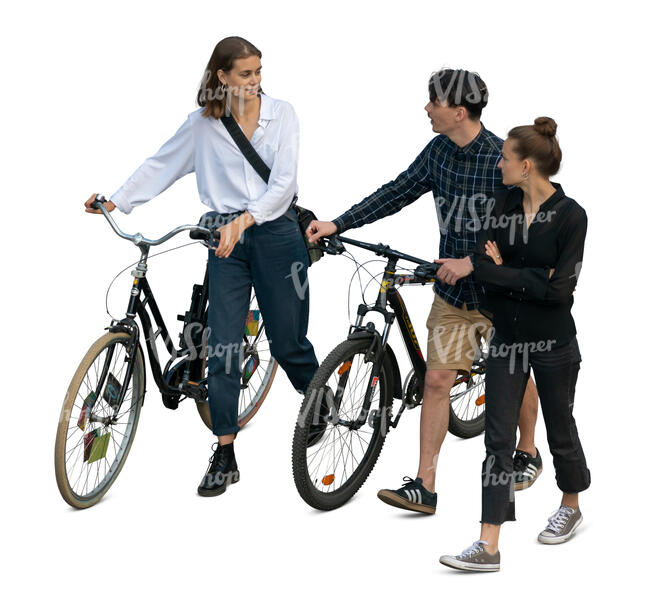 three cut out young people with bikes walking seen from above