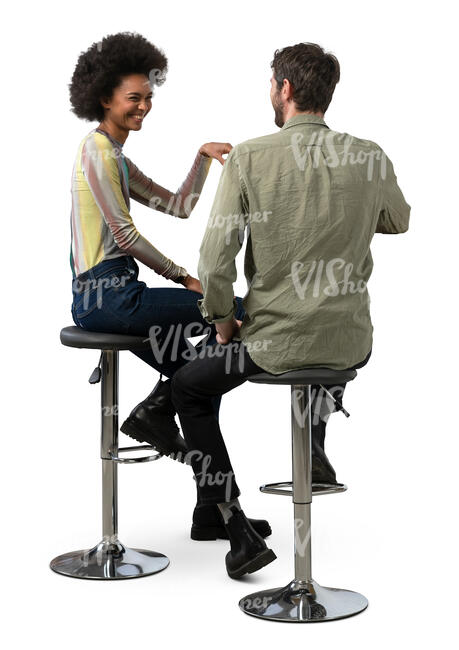 cut out man and woman sitting in a bar and talking