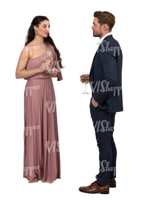 cut out man and woman at a fancy party standing and drinking wine