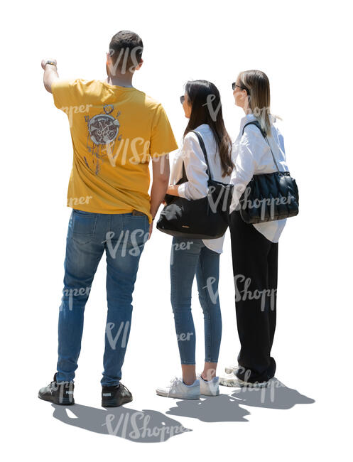 cut out backlit group of three people standing and looking at smth