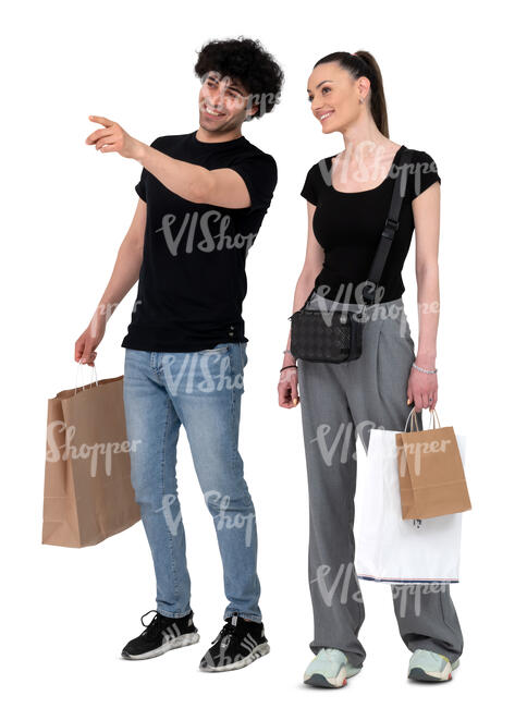 cut out man and woman with shopping bags standing and pointing
