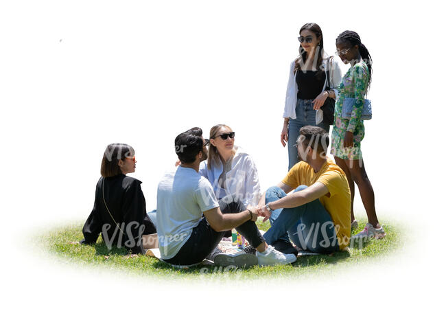 cut out group of people sitting on the grass and talking to some friends standing by