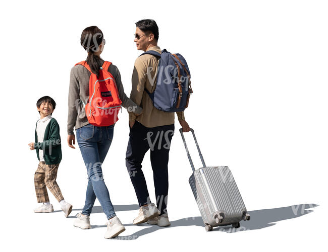 cut out asian family with bags and suitcases walking