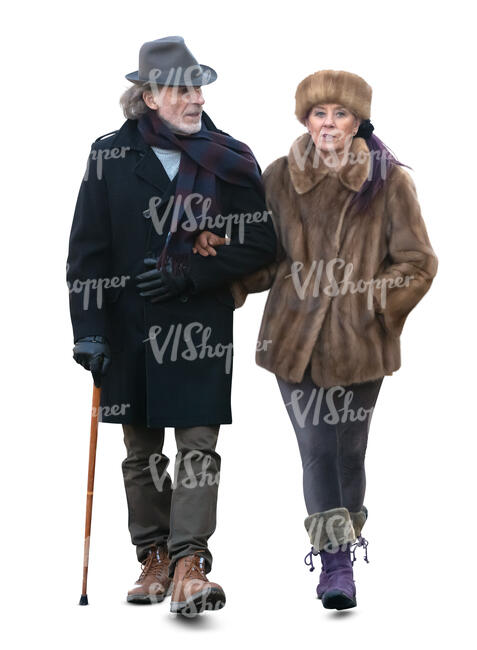 cut out elderly couple walking arm in arm in winter