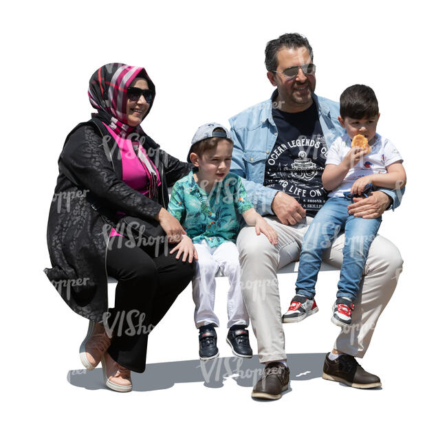 cut out muslim family with two kids sitting on a bench outside