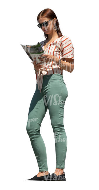 cut out woman standing on a balcony and reading a magazine