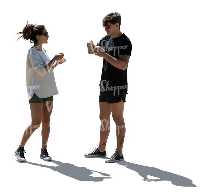 cut out man and woman standing and eating ice cream